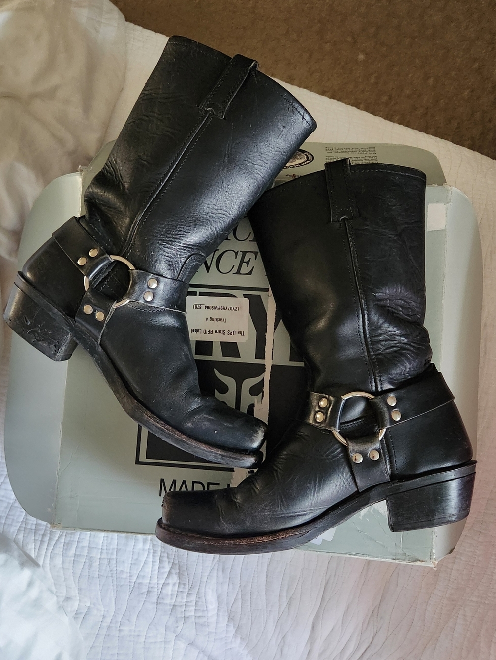 FRYE 12R Harness Black Leather Moto Festival Boho Square Toe Pull On Boots 10